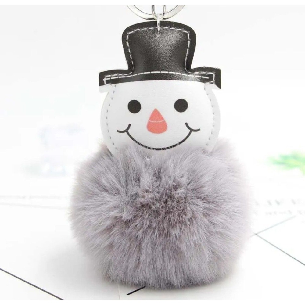 Snowman Faux Fur Pom Pom Bag Charm Keychain Grey White Black Winter Accessory